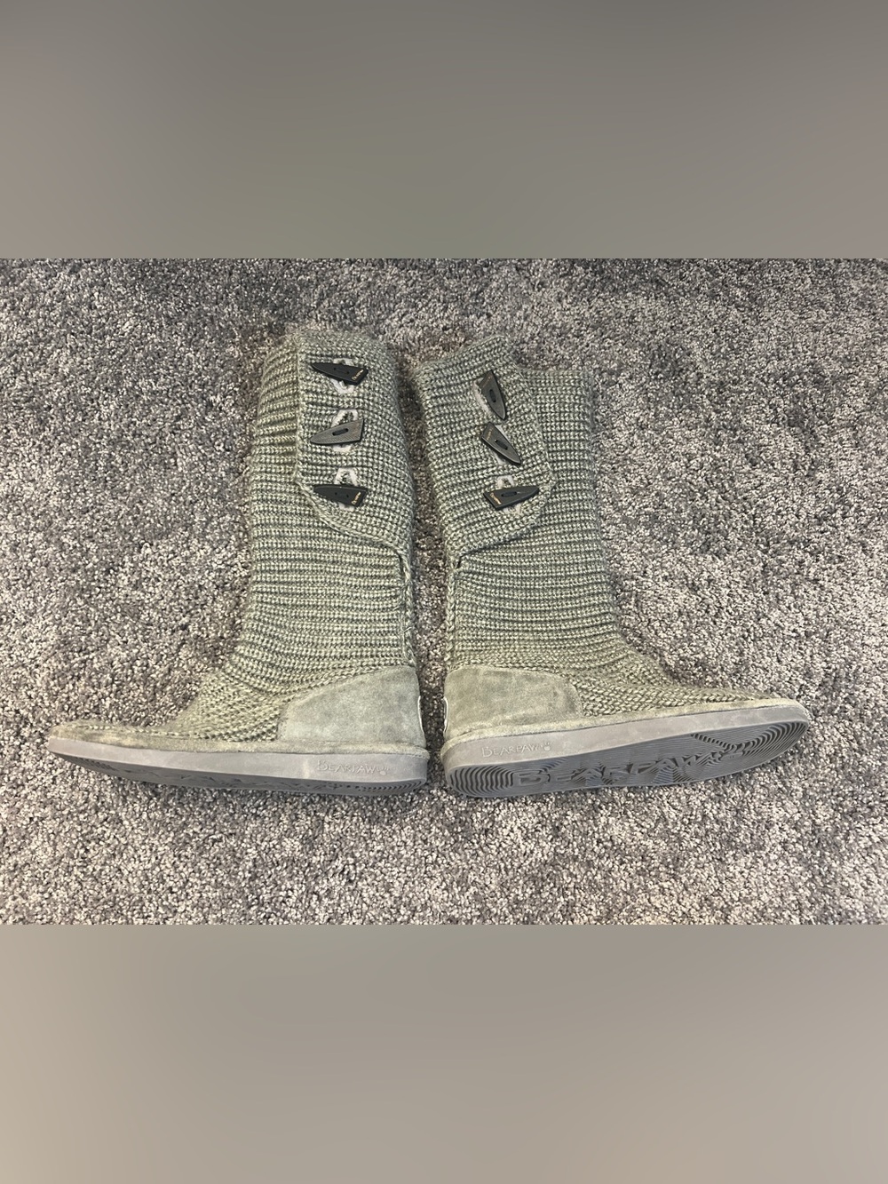 BearPaw Boots Women’s Size 8 Knit Tall Folded Grey Knit Winter Buttons Pull On